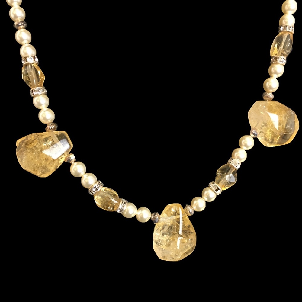 Genuine Citrine Swarovski Pearls Crystals Sterling Silver Necklace Women's 18in - Picture 1 of 5